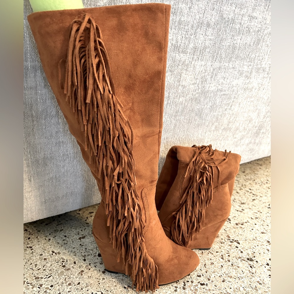 Fringe knee high boots